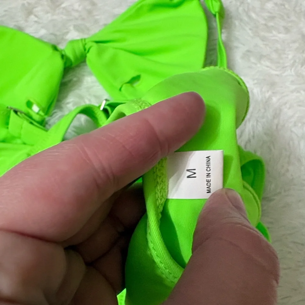 NWOT Bright Neon Green One Piece Cut Out Twist Front High Cut Cheeky Swimsuit M